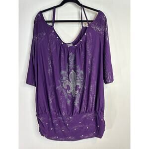 Dots Purple Cold Shoulder Raglan Studded Relaxed‎ Blouse Plus Women's Sz. 3X NWT